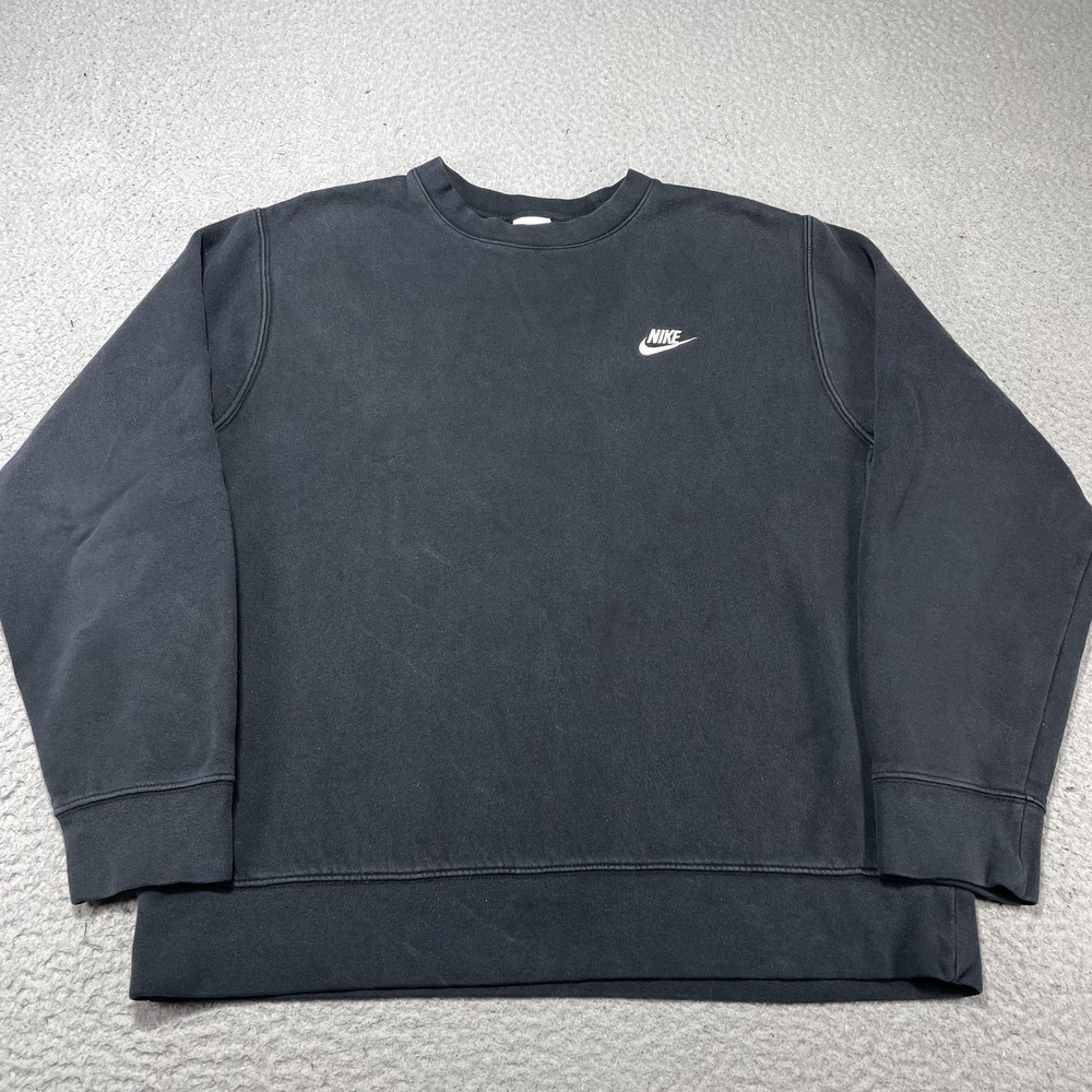 Nike‎ Sweatshirt Mens Large Black Small Swoosh Logo Fleece Crewneck Pullover
